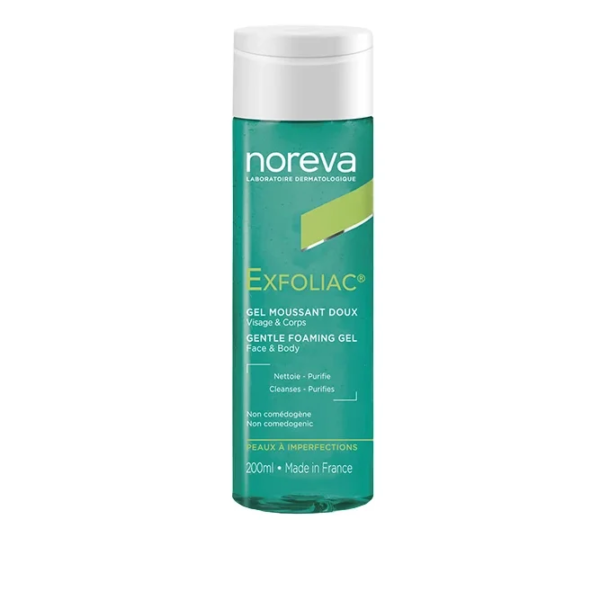 Un flacon de Noreva Exfoliac Gel Moussant Doux