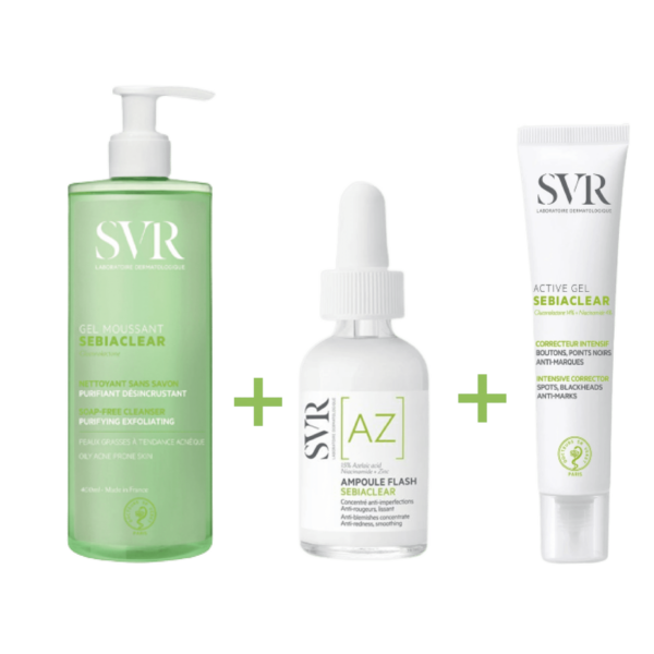 Trois produits de soin Svr Sebiaclear Routine Peau Lisse Anti Imperfections