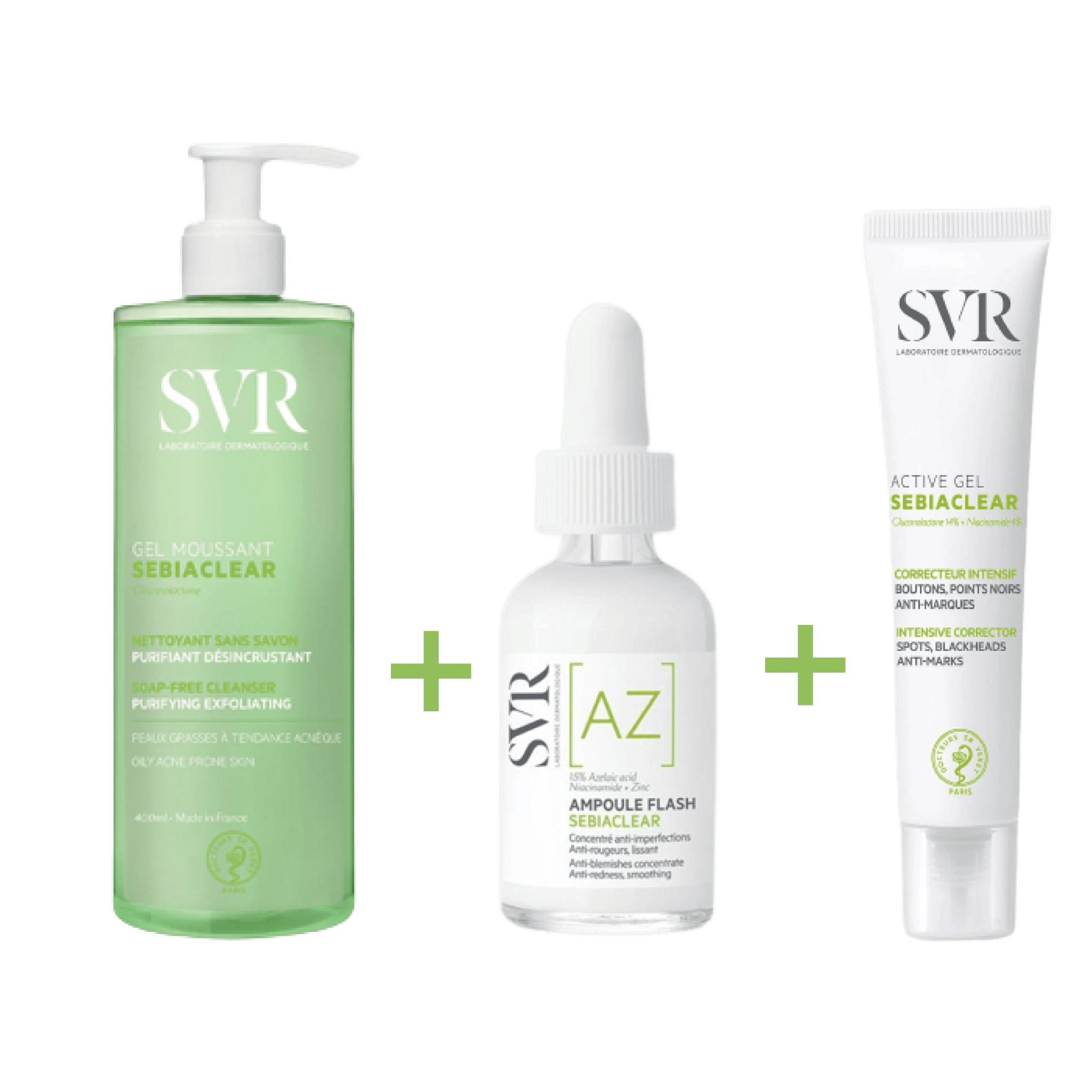 Trois produits de soin Svr Sebiaclear Routine Peau Lisse Anti Imperfections