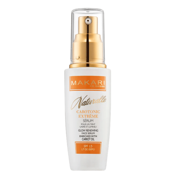 Un flacon de Makari Naturalle Carotonic Extreme Serum Unifiante Teint Lumineuse Spf15 - 50 ml avec un distributeur à pompe