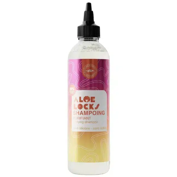 Un flacon de Easy Pouss Aloé Locks Shampoing Purifiant 250 ml avec un bouchon noir et une étiquette dégradée rose et orange. dakar