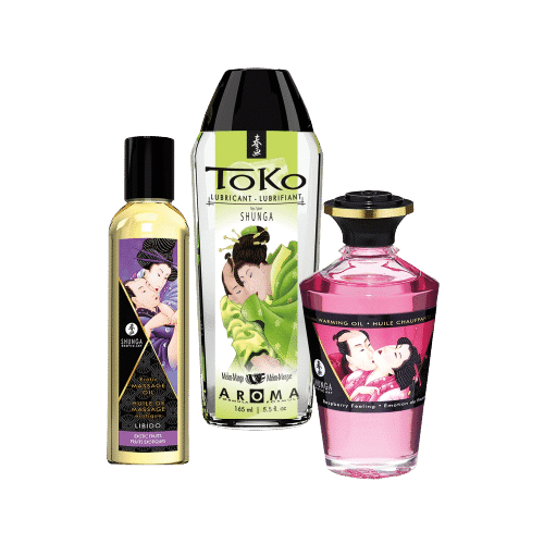 Trois Shunga Coffret Baisers Fruités dans des flacons de formes et de couleurs variées