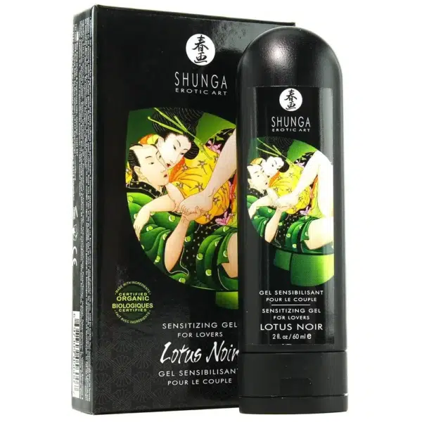 Flacon de Shunga Gel Sensibilisant Lotus Noir pour Homme et Femme 60 ml placé devant sa boîte