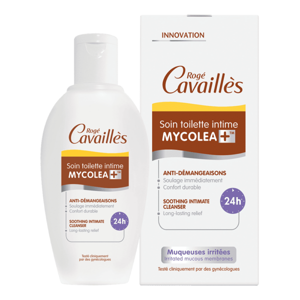 Flacon et packaging de Roge Cavailles Soin Toilette Intime Mycolea+ 200 ml pour muqueuses irritées