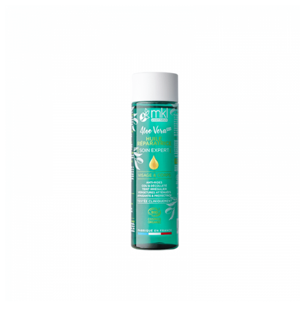 Un flacon au bouchon bleu sarcelle de MKL Huile réparatrice certifiée BIO Aloe Vera Anti Vergitures & Unifiant 75 ml