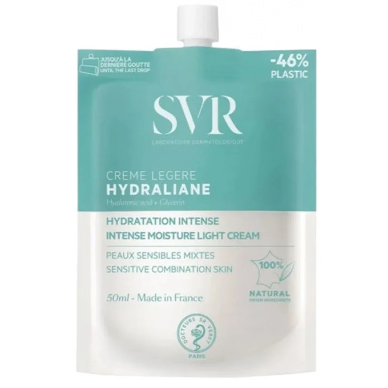 Un sachet de SVR Hydraliane Format Sachet Crème Légère Peaux Désaltérées met en valeur un design vert et blanc, est fabriqué en France, convient aux peaux mixtes sensibles, contient 50 ml de produit et utilise 46 % de plastique en moins. Dakar