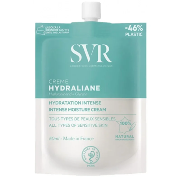 Un sachet bleu sarcelle et blanc de 50 ml de Svr Hydraliane Format Sachet Riche Crème