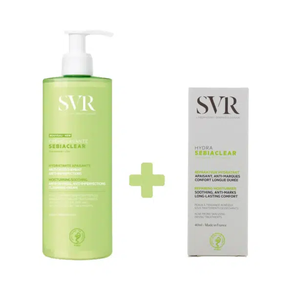 SVR Sébium DUO Nettoyage et Hydratation Parfaite Anti-Imperfections Crème Lavante en flacon pompe vert et boîte blanche