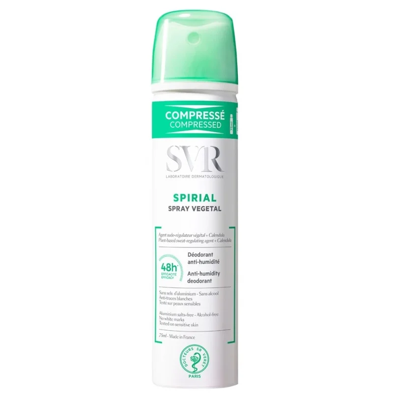 Une canette de SVR SPIRIAL Spray Végétal Déodorants et Anti-Transpirants Sans Sels d'Aluminium 75 ml