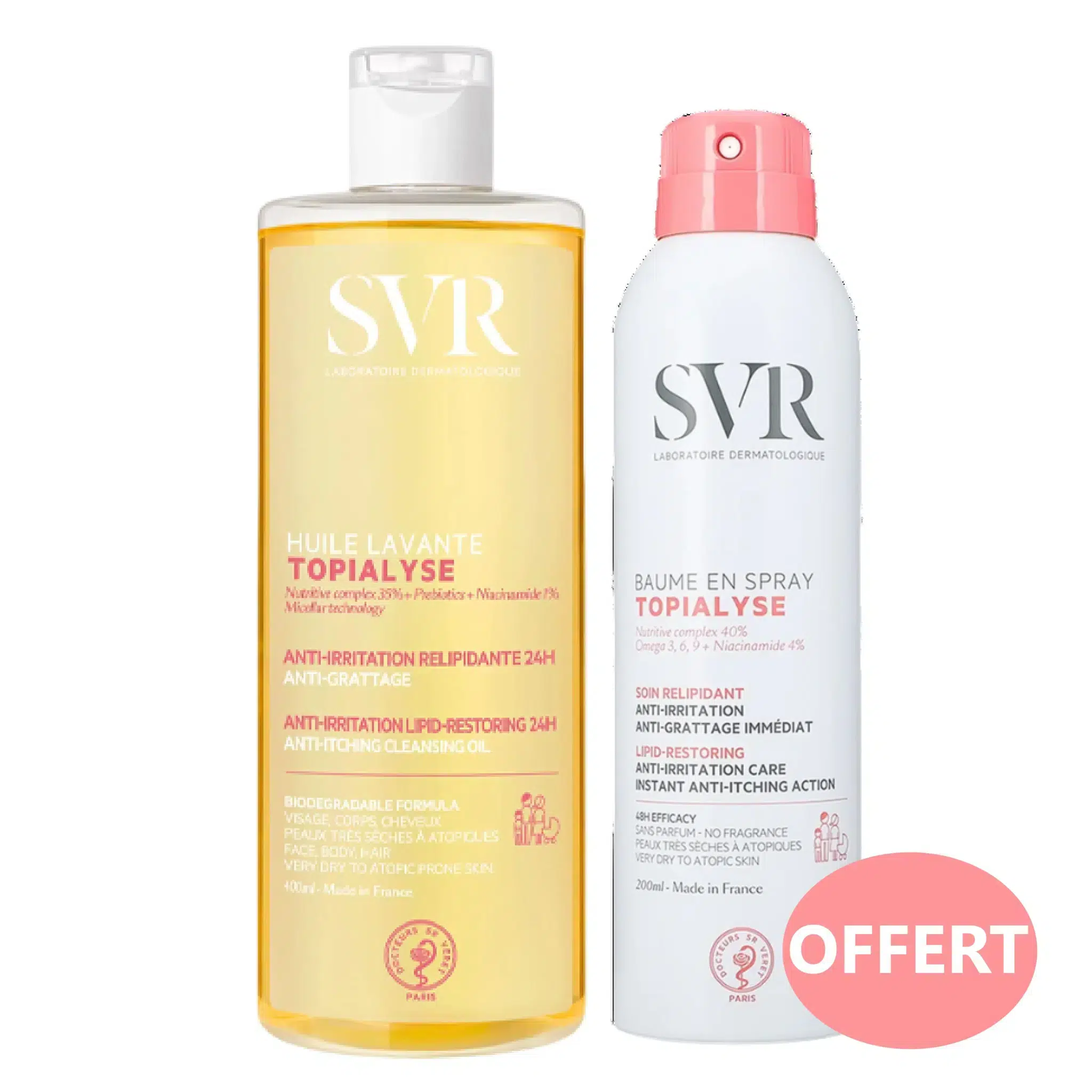 Un flacon de Svr Topialyse Huile Lavante Anti-Irritation Peaux Sensibles 400ml et une bombe de Topialyse Baume en Spray avec un autocollant "Offert". dakar