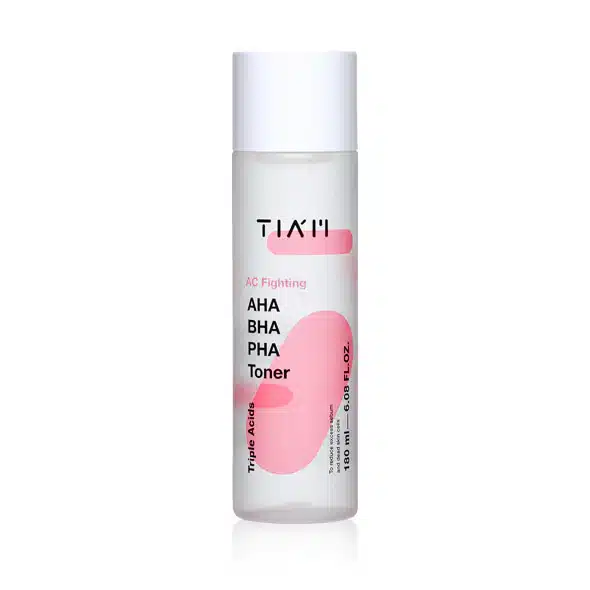 Flacon transparent de Tiam AC Fighting Tonique Unifiant pour Peau Grasse Sans Parfum avec bouchon blanc et étiquette rose