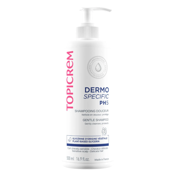 Flacon blanc de Topicrem Shampoing Douceur DERMO SPECIFIC PH5 shampoing doux avec pompe doseuse