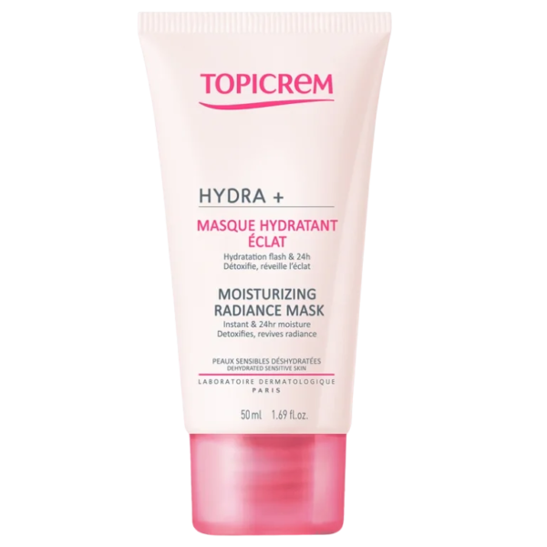 Tube de Topicrem HYDRA+ Masque Hydratant Éclat 50 ml avec bouchon rose sur fond blanc