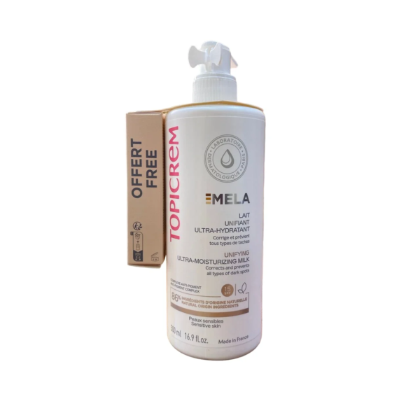 Flacon de Topicrem Mela Lait Éclaircissant Ultra-Hydratant 500 ml avec un Mela Sérum 7 ml offert à côté. dakar