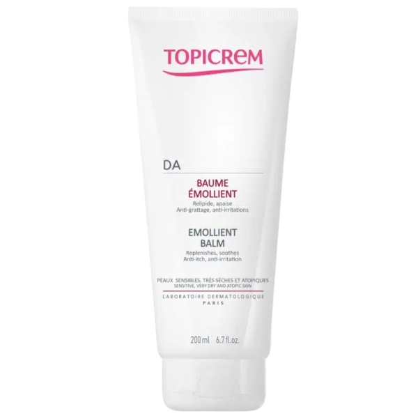 Un tube de Topicrem DA Baume Emollient Peaux Atopiques 200ml à fond blanc. Le tube comporte un texte décrivant ses bienfaits et souligne sa qualité exceptionnelle.