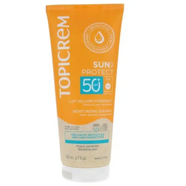 Tube de Topicrem Sun Protect Lait Solaire Hydratant SPF50+ pour peaux sensibles