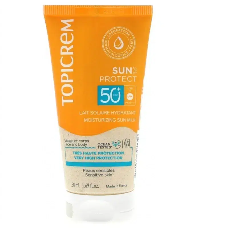 Flacon de Topicrem Sun Protect Lait Solaire Hydratant SPF 50+