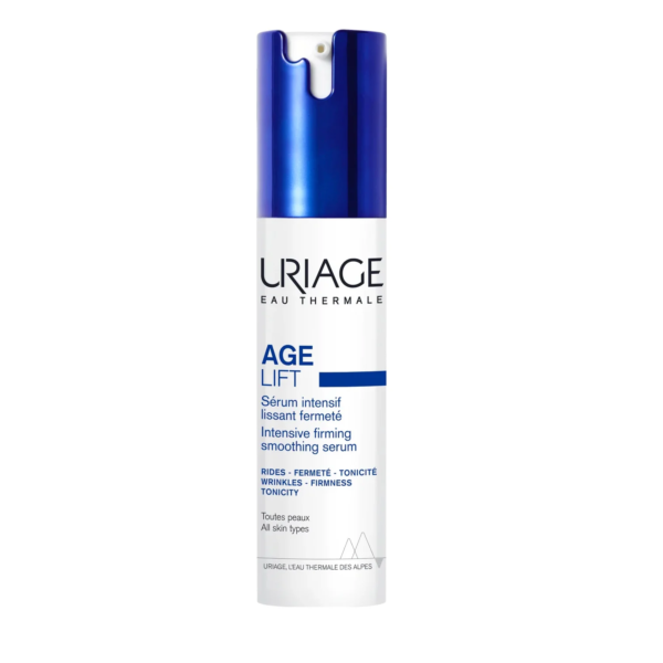 Un flacon blanc et bleu de Uriage Age Lift Sérum Intensif Lissant Fermeté Anti-âge – Rides