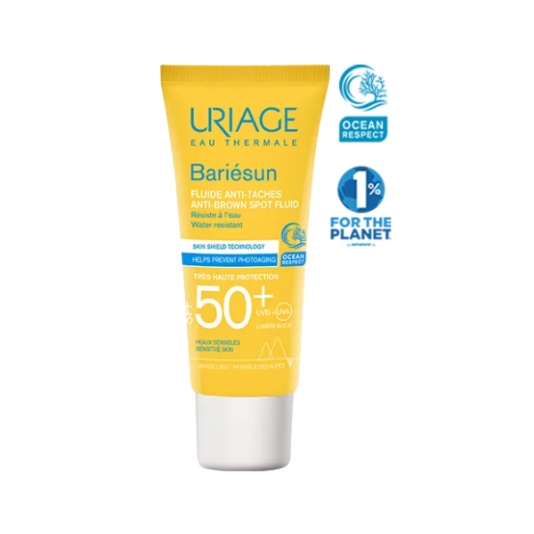 Tube jaune de URIAGE BARIÉSUN FLUIDE ANTI TACHE SPF50+ 40 ml crème solaire avec formule anti-taches brunes