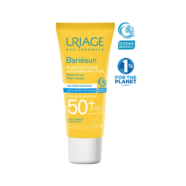 Tube jaune de URIAGE BARIÉSUN FLUIDE ANTI TACHE SPF50+ 40 ml crème solaire avec formule anti-taches brunes