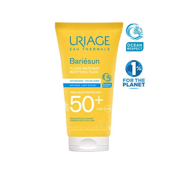 Tube de crème solaire URIAGE BARIÉSUN FLUIDE MATIFIANT SPF50+ 50 ml avec logo respect des océans et label 1% for the Planet.