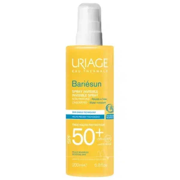 Flacon jaune d'URIAGE BARIÉSUN SPRAY INVISIBLE SPF50+ NON PARFUMÉ 200 ML