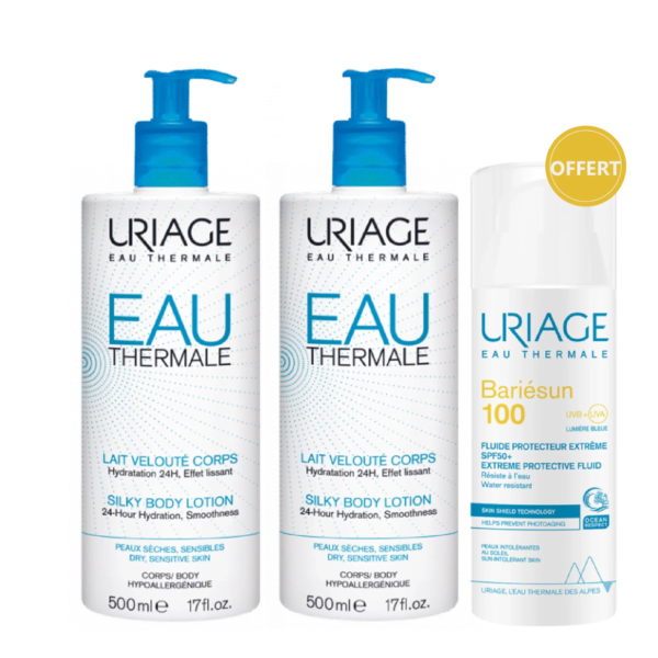 Le Coffret Duo Eau Thermale Lait Velouté Corps exclusif URIAGE comprend deux flacons de 500 ml de Lait Soyeux Corps Uriage et un fluide Uriage Bariésun SPF 100 offert