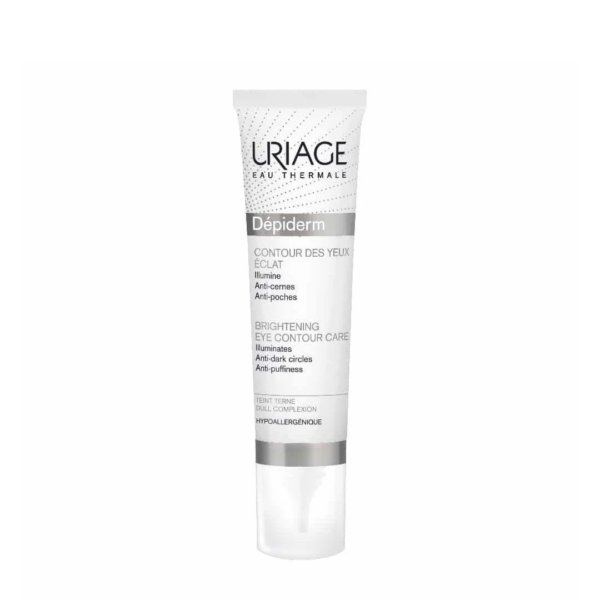 Un tube blanc d'Uriage Dépiderm Contour Des Yeux Éclat 15 ml avec des touches de gris et un texte noir. dakar