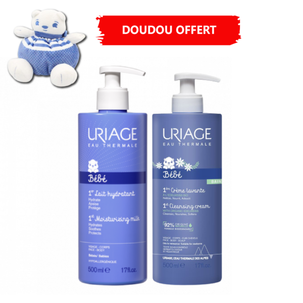 Deux flacons d'Uriage Coffret Kit Mes Premiers Soins Bébé + DOUDOU OFFERT à côté d'un ours en peluche bleu et blanc