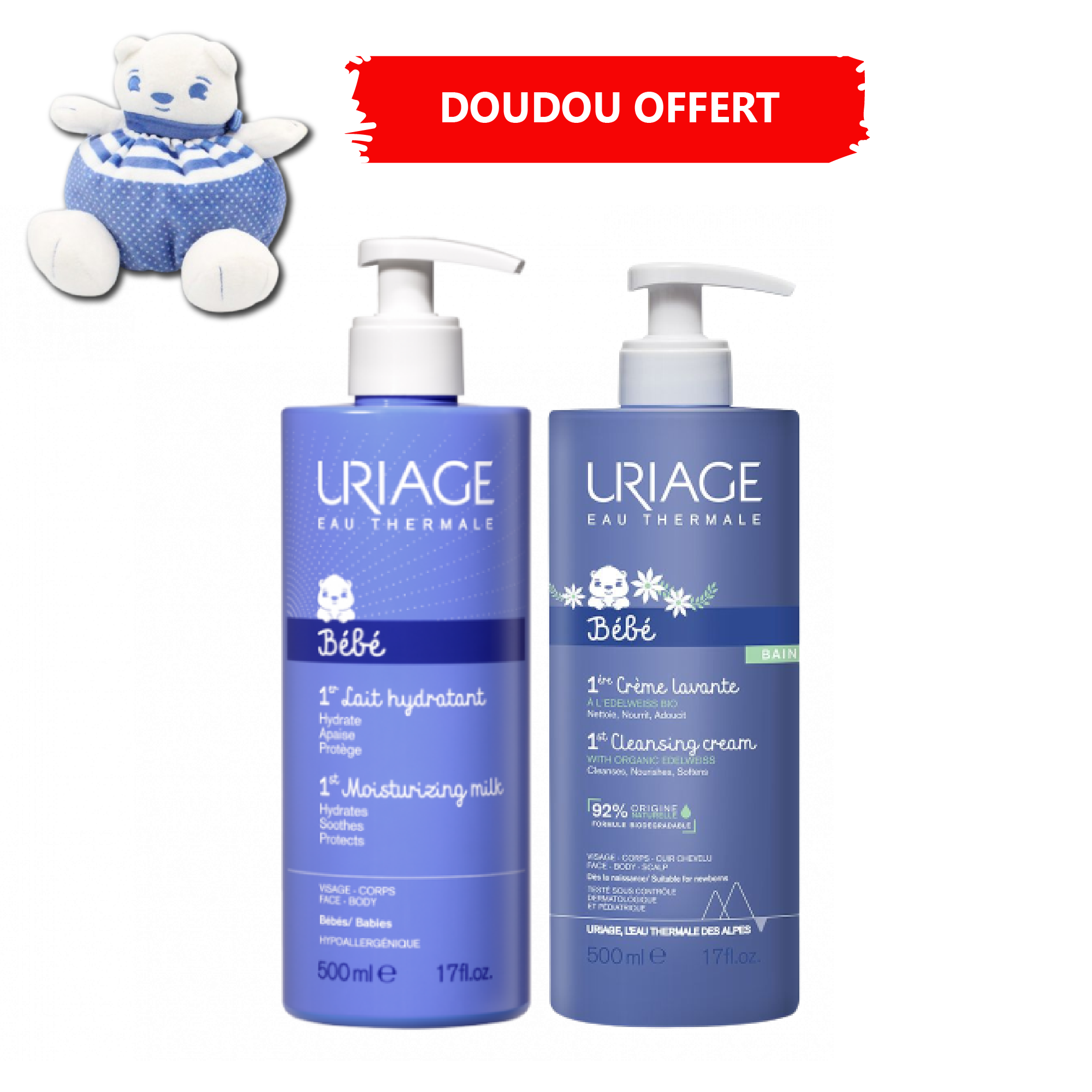 Deux flacons d'Uriage Coffret Kit Mes Premiers Soins Bébé + DOUDOU OFFERT à côté d'un ours en peluche bleu et blanc