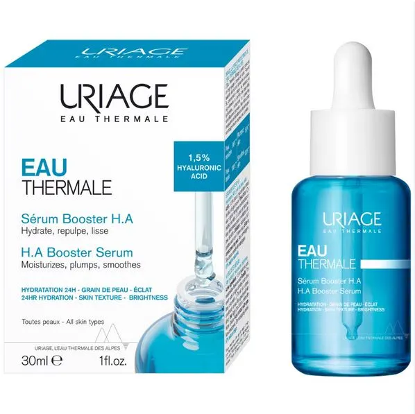 Uriage Eau Thermale Sérum Booster H.A 30 ml dans un emballage bleu et blanc est livré avec un flacon compte-gouttes pratique à côté de la boîte du produit. dakar