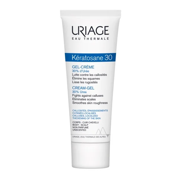 Tube blanc étiqueté "Uriage KERATOSANE 30 Gel Crème 30% Urée Anti-Callosités Peaux Très Sèches 30 ml" à 30% d'urée