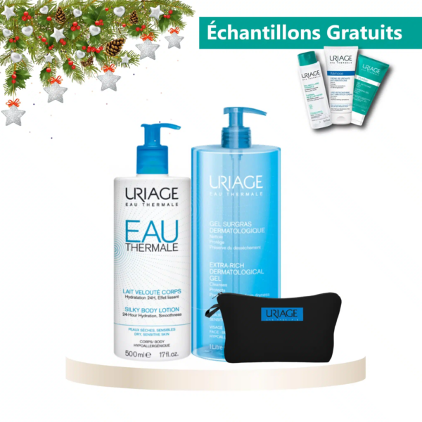 Les produits de soin Uriage Duo Lait à L'Eau Thermale + Gel Douche + Trousse OFFERT Et Échantillon ornés de décorations de fêtes et d'un texte « Échantillons gratuits » en français en haut à droite sont désormais disponibles à la vente en ligne.