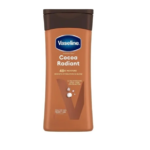 Voici un flacon de Vaseline Cocoa Radiant Lait Hydratant Corps au Beurre de Cacao 400ML. Le flacon marron présente le logo de la marque et les détails du produit en texte blanc, mettant en valeur l'hydratation pendant 48 heures et les bienfaits du beurre de cacao, ce qui en fait un choix idéal pour une peau radieuse. Dakar