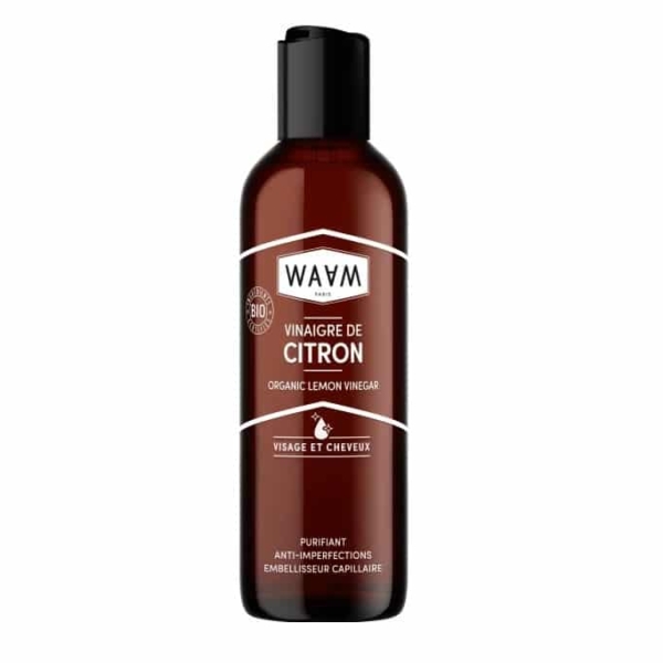 Flacon marron étiqueté "Waam Vinaigre de Citron BIO 200 ml" pour le visage et les cheveux