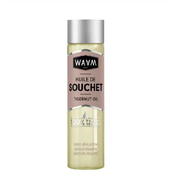 Flacon de 75 ml d'huile de souchet premium Waam Huile de Souchet. L'étiquette indique qu'elle est 100% pure et convient à une utilisation post-épilation. dakar