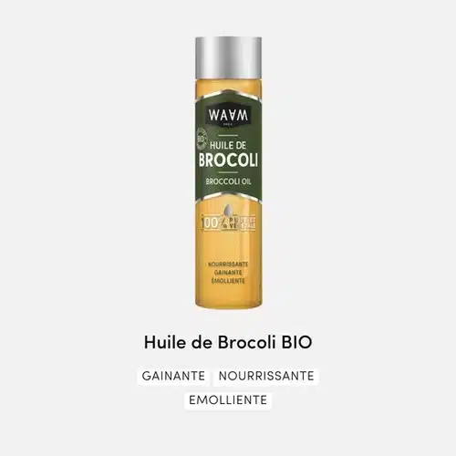 L'Huile de Brocoli BIO Waam 75 ml est présentée dans un flacon jaune avec un bouchon argenté et est décrite comme nourrissante