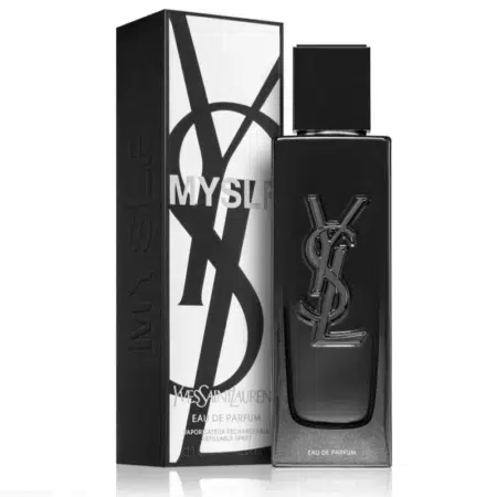 Un élégant flacon de parfum noir, élégamment gravé du logo « YSL », est présenté à côté de sa boîte noire assortie sur laquelle figure le texte « MYSLF Eau de Parfum pour homme ». L'emballage met également en valeur le nom « Yves Saint Laurent », reflétant l'élégance et la sophistication. Dakar