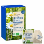 Une boîte et un sachet de Fleurance Nature Infusion Détente Bio, arborant un motif de marguerites, mettent en valeur des ingrédients clés tels que la mélisse, l'orange et la camomille pour favoriser un meilleur sommeil. L'emballage affiche bien en évidence les marques de certification biologique. Dakar