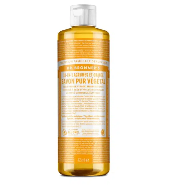 Bouteille de Dr Bronner's Agrumes Savon Liquide Agrumes de Castille Naturel 18 en 1, 457 ml. L'étiquette est orange et blanche, avec les détails du produit en français et en anglais. La bouteille en plastique a un bouchon à clapet blanc. Dakar