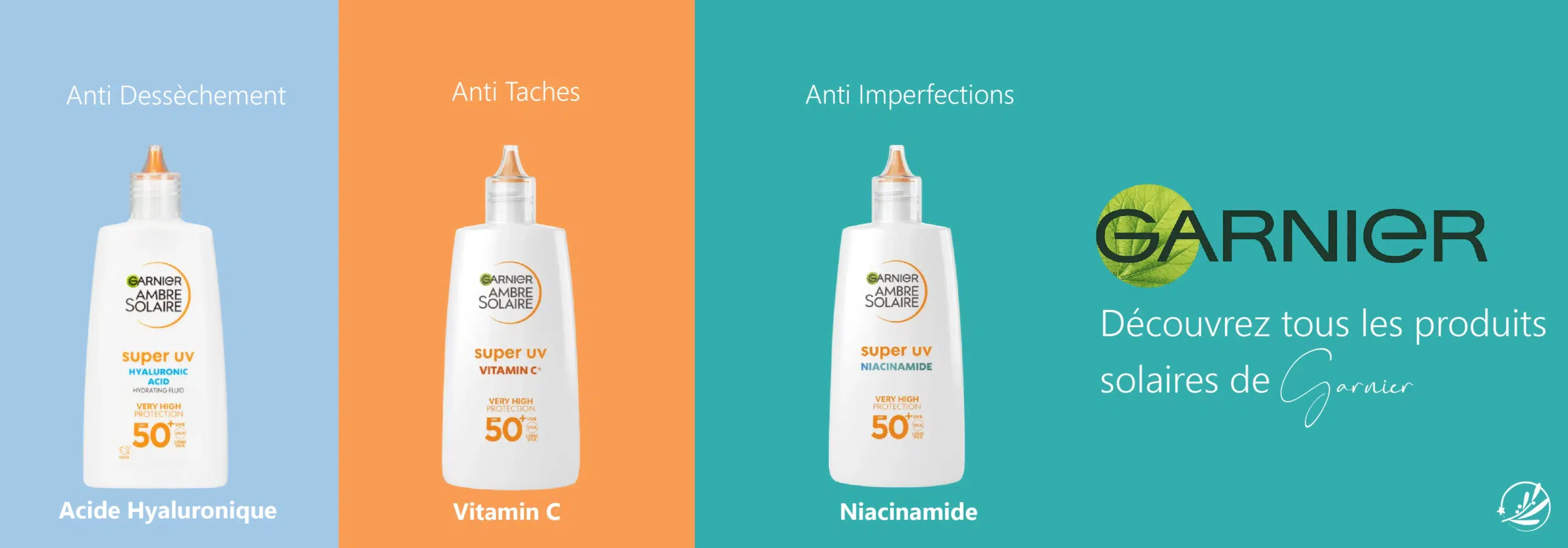 Une publicité Garnier, en collaboration avec Univers Cosmetix, met en avant trois produits solaires sur des fonds aux couleurs vives. De gauche à droite : bleu pour « Anti-Dessèchement », orange pour « Anti-Taches » et bleu canard pour « Anti-Imperfections ». Découvrez dès aujourd'hui tous les produits solaires Garnier ! Dakar