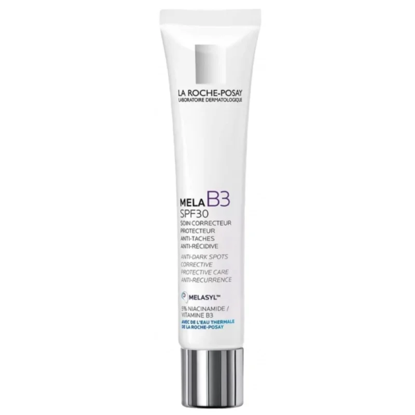 L'image présente un tube de produit de soin pour la peau étiqueté « La Roche-Posay Mela B3 Soin Correcteur SPF 30 Anti Taches », mettant en avant ses qualités anti-taches et protectrices grâce à la niacinamide et à la vitamine B3. Le tube présente un fond blanc avec un petit logo bleu. Dakar