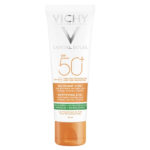 Tube blanc et orange de crème solaire Vichy Capital Soleil Matifiant 3en1 SPF50+. Le packaging met en avant ses bienfaits matifiants, anti-brillance et soin quotidien de la peau avec de l'argile verte et de l'extrait de bifidus, et le tube contient 50 ml de produit. Dakar